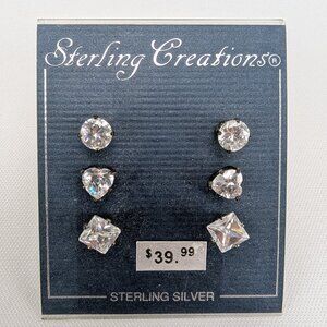 Sterling Creations Sterling Silver Cubic Zirconia Earrings Studs 3 Pairs 6mm